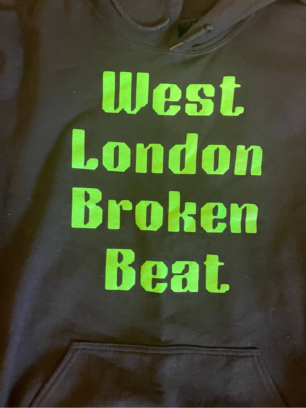 Black Hoodie with Neon Green Glowing "West London Broken Beat" Print XL